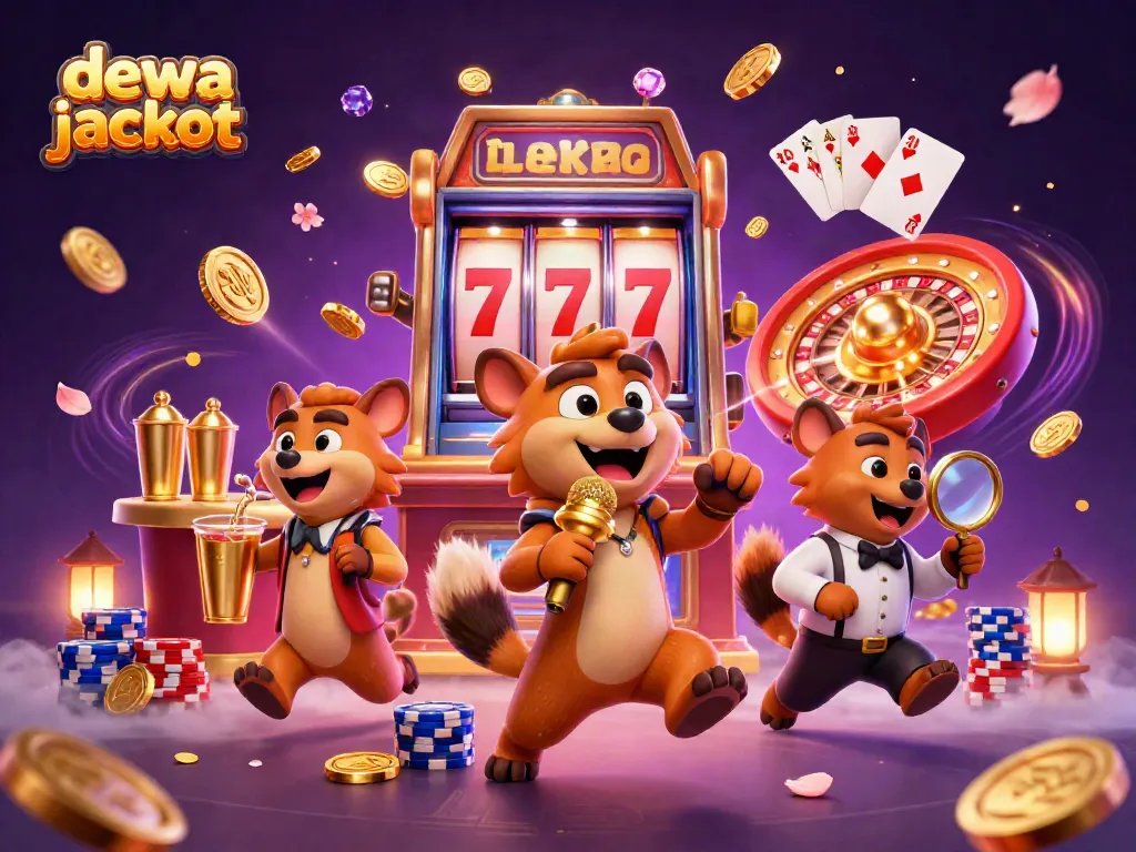 Slot jackpot dengan dewa jackpot menghibur dalam suasana kasino dengan karakter lucu.