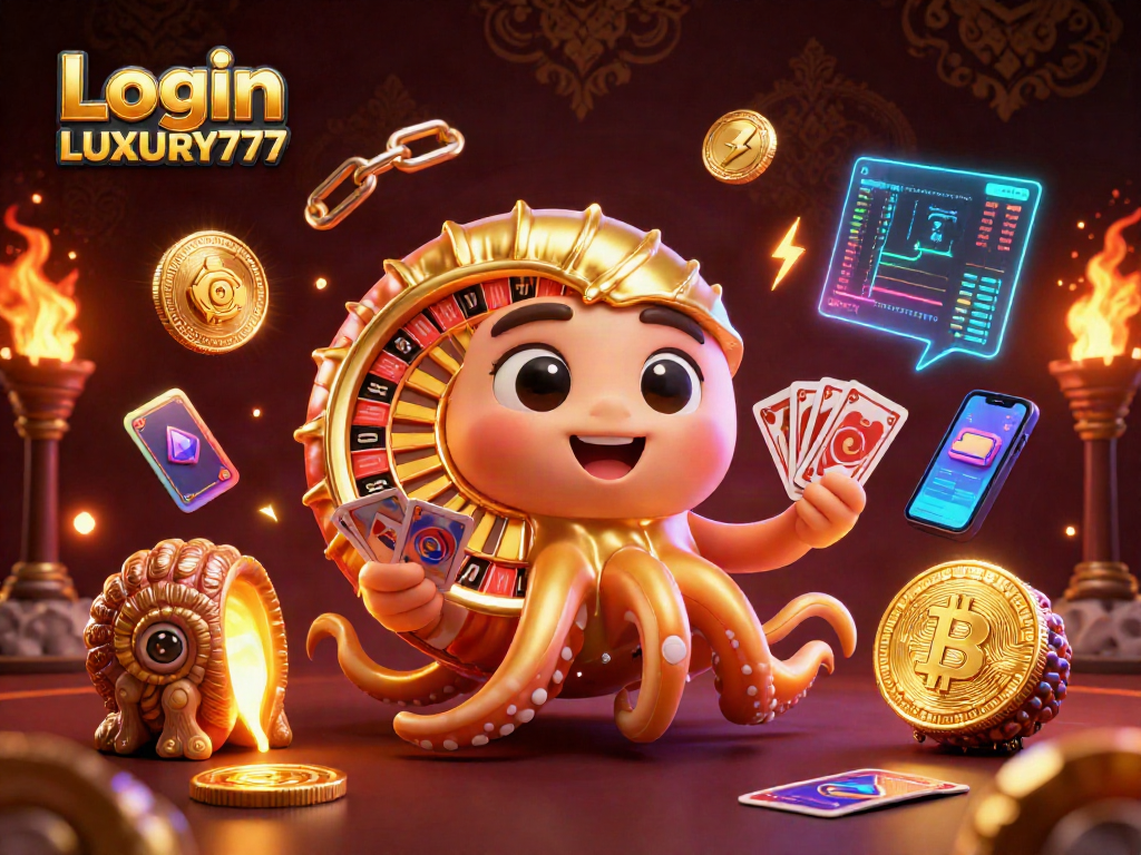 Masuk ke akun Login LUXURY777 dengan ilustrasi kasino digital yang megah dan elemen cryptocurrency.