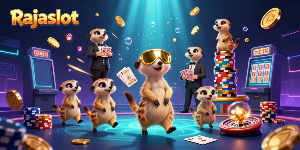 Rajaslot hadir dengan ilustrasi 3D kartun yang menggambarkan koloni meerkat menjalankan operasi kasino yang megah.