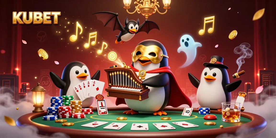 KUBET casino penguin plays an organ shooting gold coins, amidst poker tables and vibrant game elements.