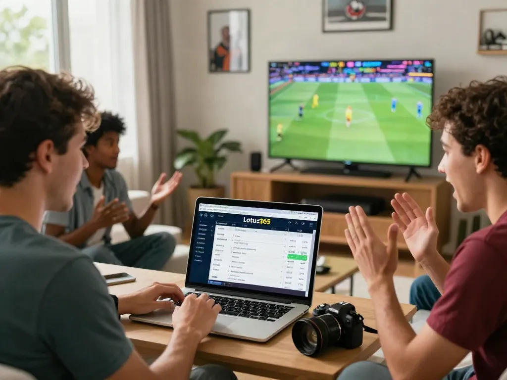 Engaged players enjoying lotus365 online betting on cricket and football in a vibrant living room.