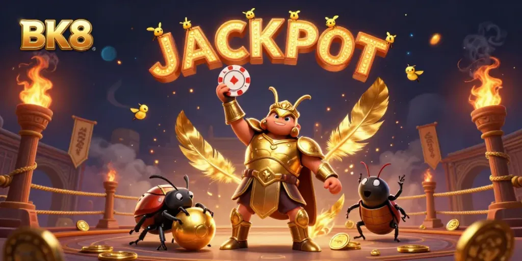Experience thrilling wins at BK8 with a victorious illustration featuring a hercules beetle lifting a poker chip.