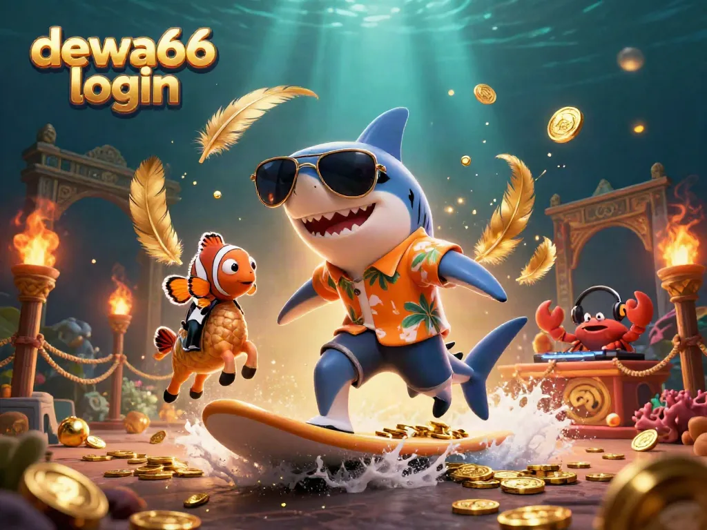 A dynamic scene showcasing dewa66 login with a shark and seahorse amid gold coins in a casino setting.