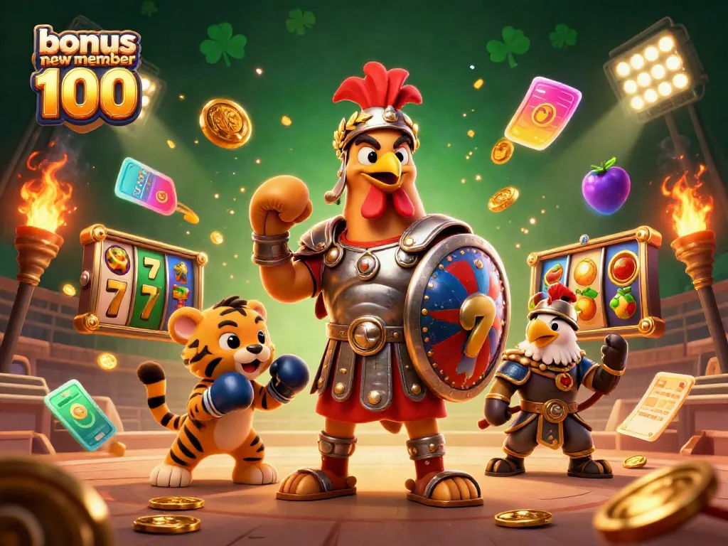 Engaging scene depicting the bonus new member 100 featuring a gladiator rooster, tiger, and eagle with dynamic slot game elements.
