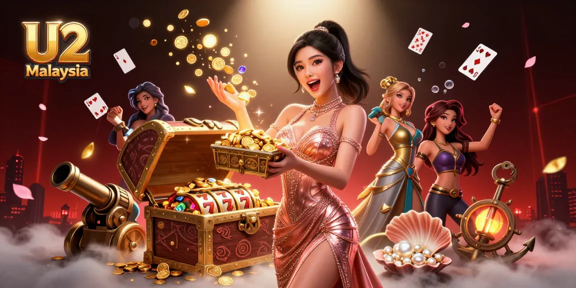 Experience winning with U2 Malaysia's lively slots and vibrant gameplay features amidst a treasure-themed illustration.