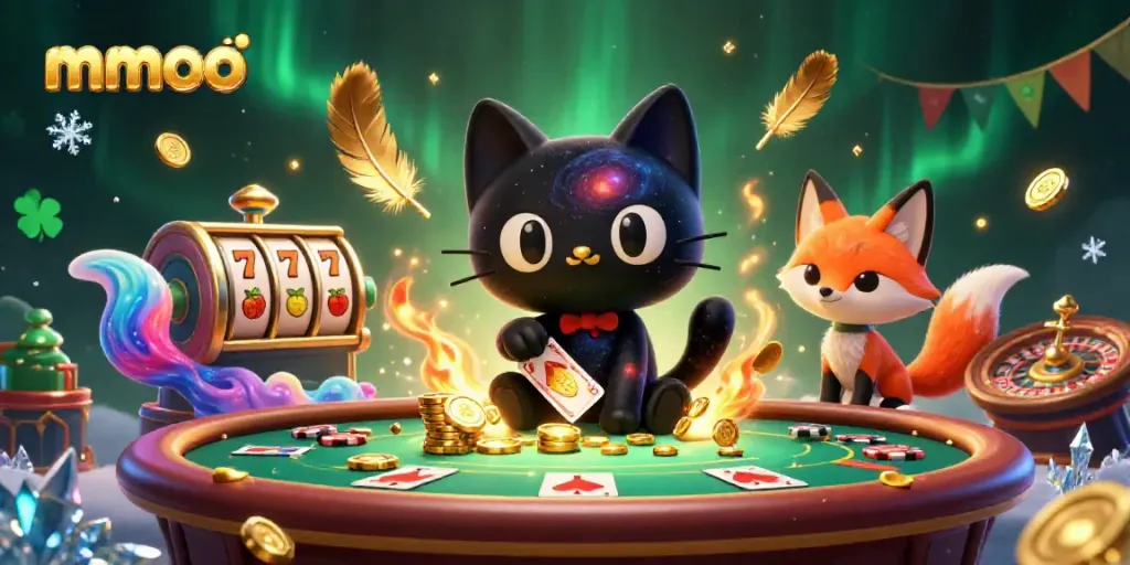 Experience mmoo's cosmic casino with a black hole cat and nebula fox pulling winning chips.