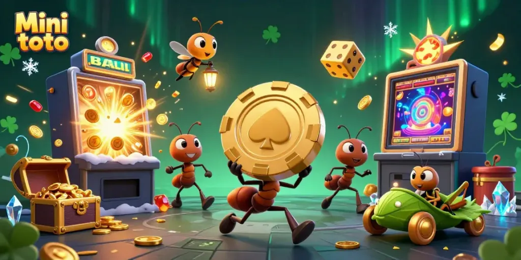 Gambaran Mini toto yang menampilkan karakter kartun 3D dalam suasana kasino yang dinamis.