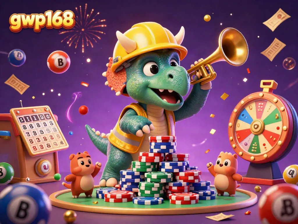 GWP168 menampilkan suasana kasino dengan karakter dino dinamis membangun tumpukan chip poker.