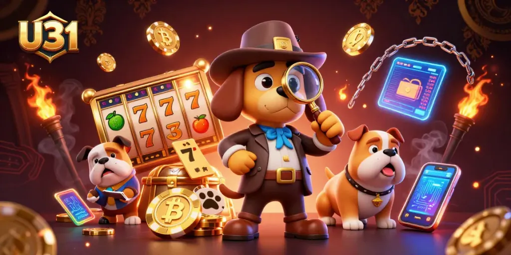 Play exciting U31 casino games featuring a cartoon detective and bulldog discovering treasure clues amidst vibrant gambling symbols.