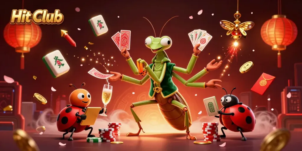 Hit Club showcases a vibrant 3D casino scene featuring a giant mantis and ladybug characters among floating Mahjong tiles, fireworks, and golden lanterns.