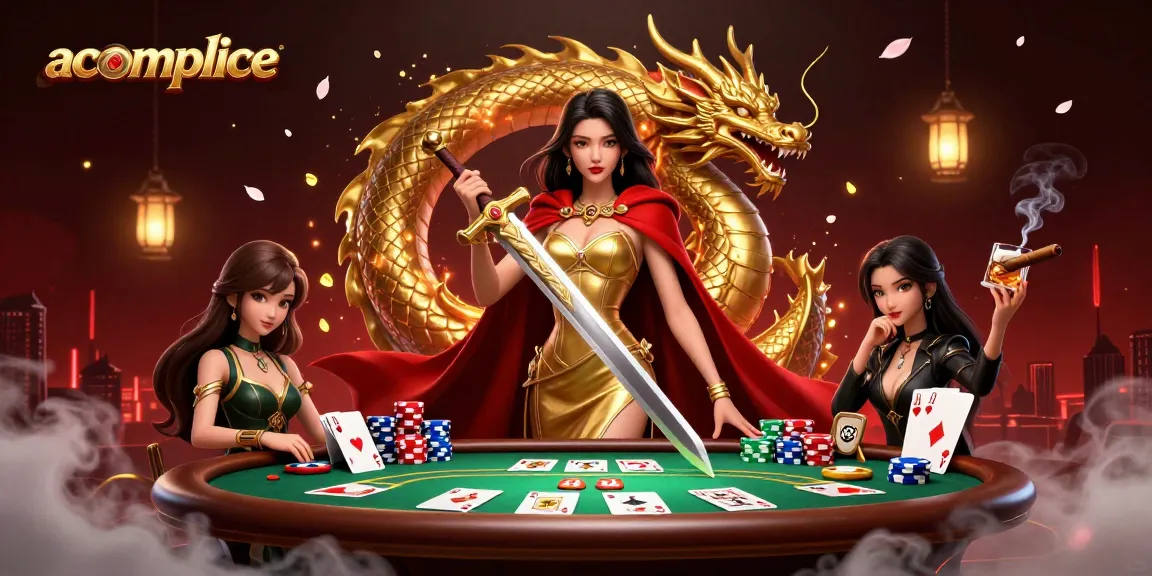 Engage with the accomplice in this vibrant illustration featuring an Asian warrior queen at a poker table.
