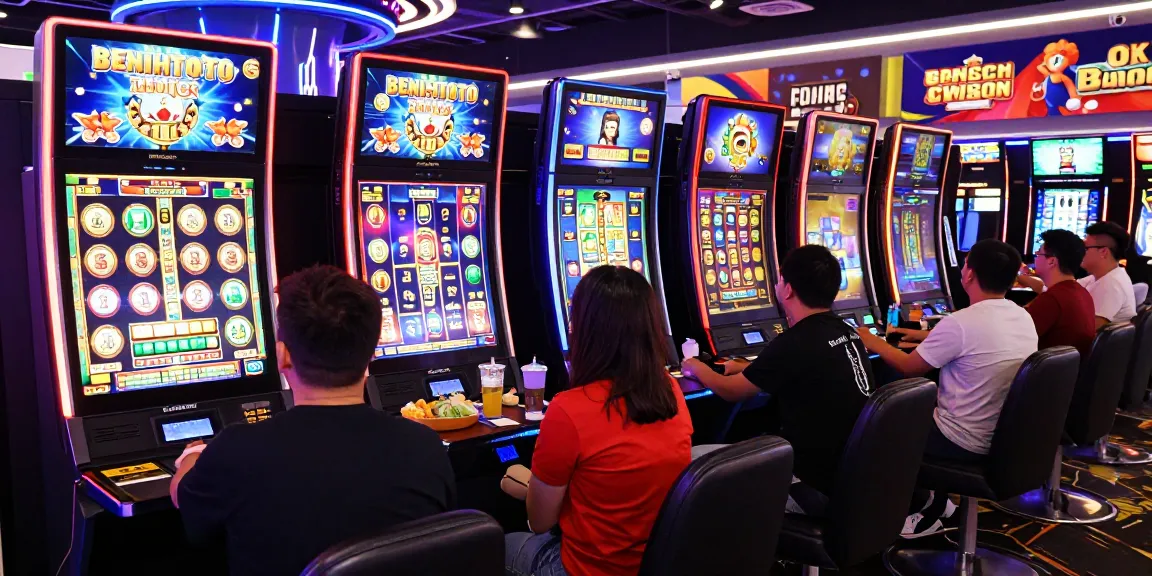Benihtoto gaming scene showcasing exciting players around slot games with vibrant digital effects and social atmosphere