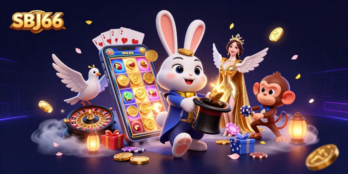 Engage with SBJ66 for thrilling gaming experiences, featuring a magician rabbit, dove, and monkey in a casino scene.