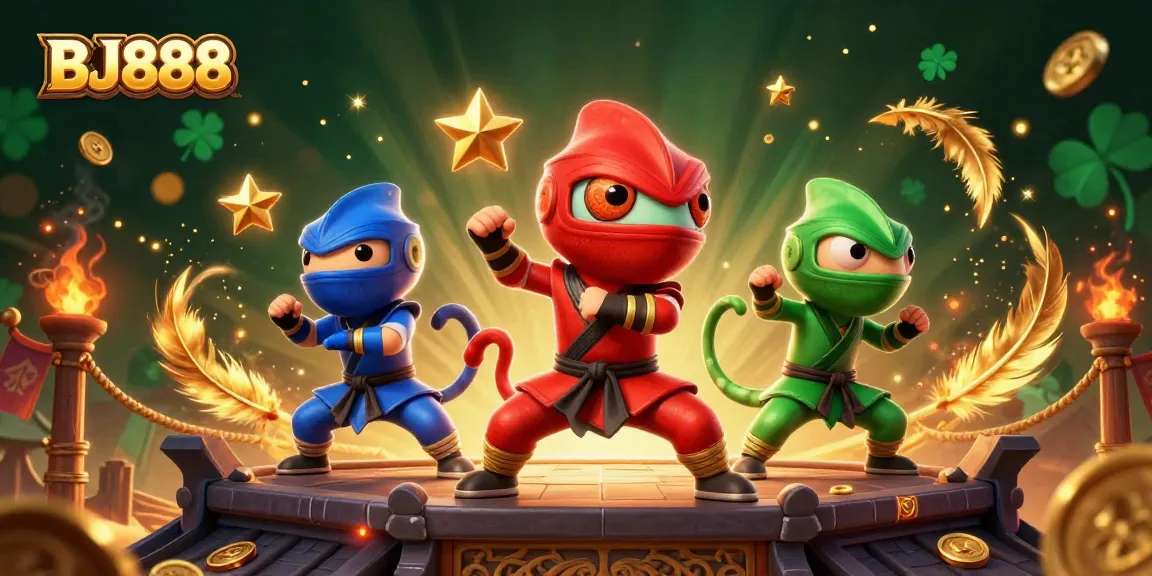 BJ888 showcases vibrant ninja chameleons amidst a dynamic casino-themed illustration, embodying excitement and strategy.