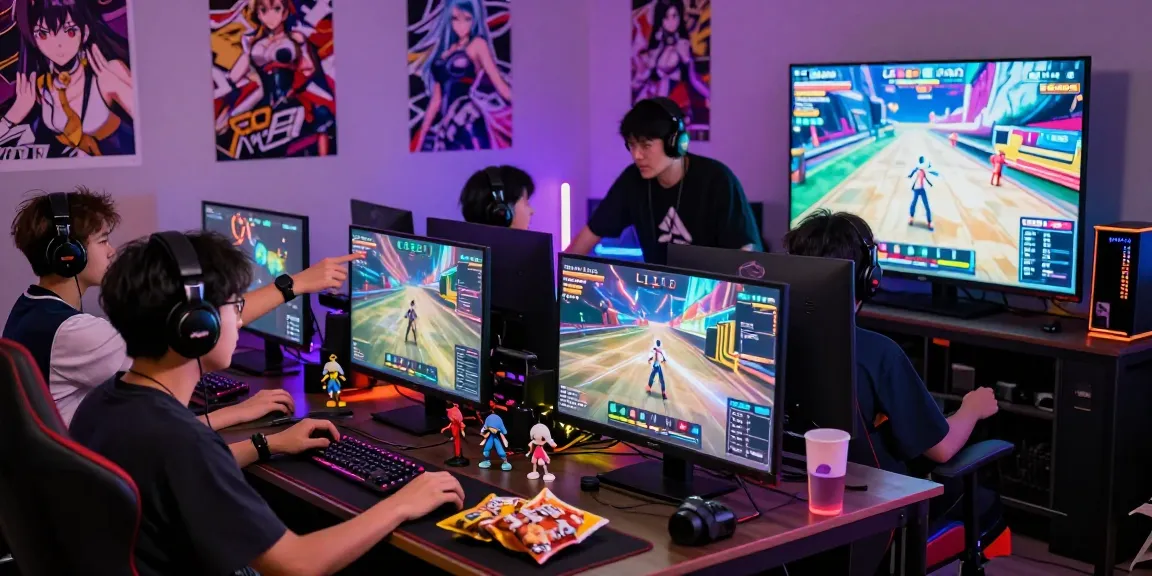 Players enjoying hentai games in an immersive gaming setup, showcasing anime graphics and vibrant atmosphere.