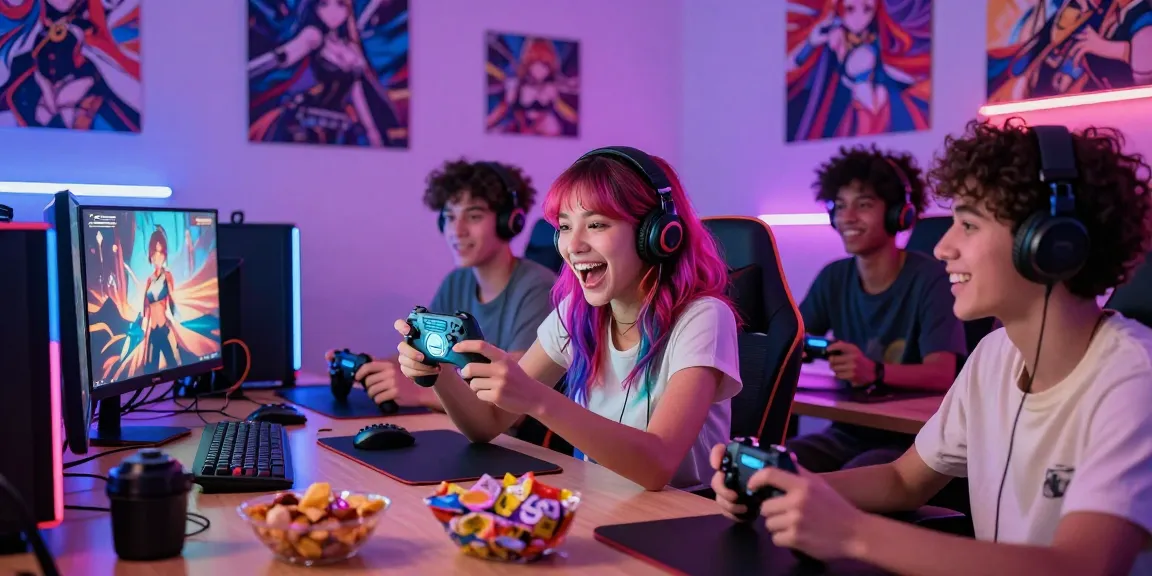 Engaging scene of friends playing hentai games together in a colorful gaming setup.