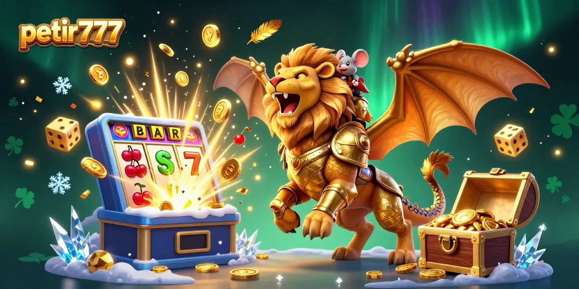 Experience the excitement of petir777 with vibrant slot symbols and a triumphant chimera creature in a dynamic gaming scene.