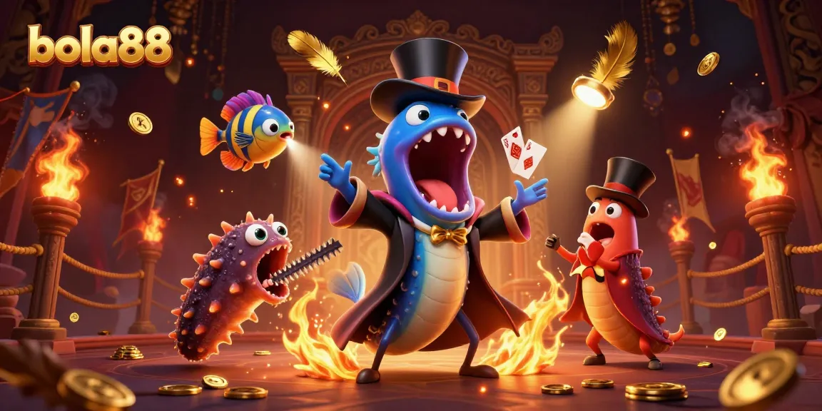 Bola88 engages players with a 3D casino scene showcasing exciting card tricks and interactive elements.