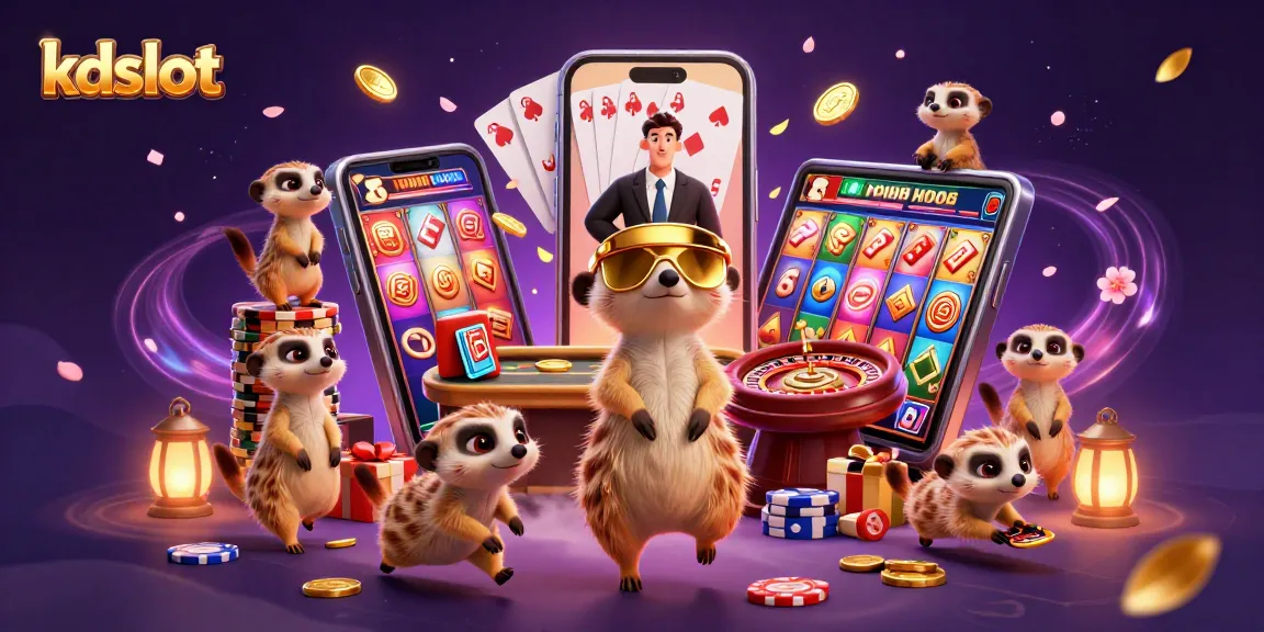 Experience excitement at kdslot casino with meerkats managing a vibrant gaming scene filled with colorful slots.