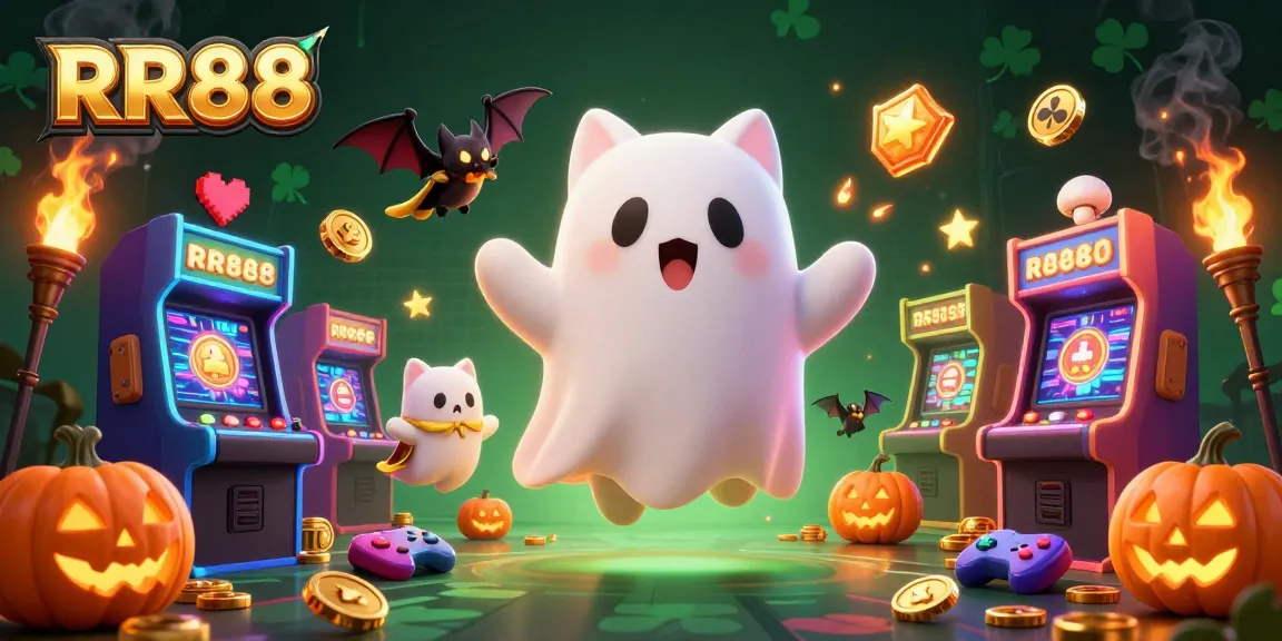 Experience thrilling gaming at RR88 with a vibrant casino scene featuring a ghost cat and vivid arcade elements.