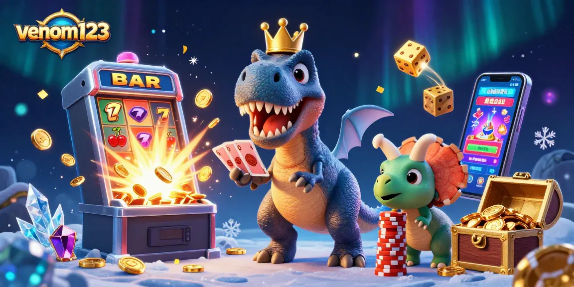 venom123 menampilkan T-Rex lucu sedang bermain kartu di kasino sambil dikelilingi jackpot slot dan koin emas