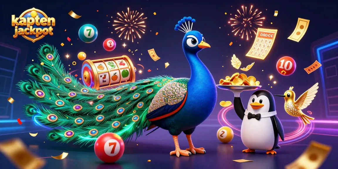 Kaptenjackpot brings vibrant casino action with a cartoon peacock and golden chips in a dynamic scene.