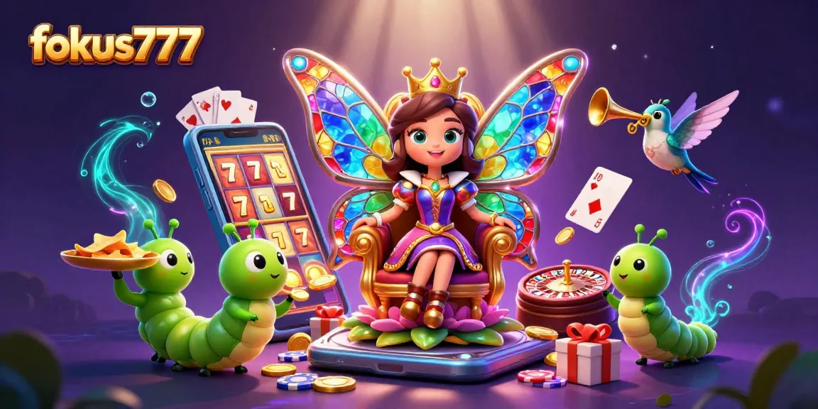 Experience the excitement of fokus777 with a vibrant gaming scene featuring a butterfly queen, chips, and magical elements.
