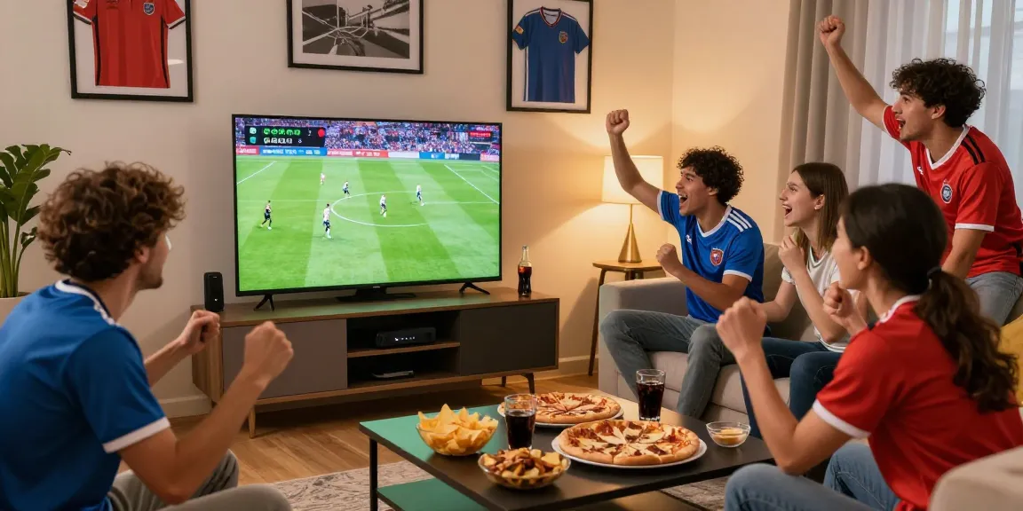 شاهد المباريات هنا with friends in living room watching football match, vibrant atmosphere with snacks and drinks.