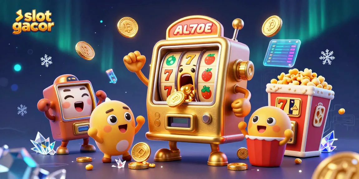 Experience the excitement of slot gacor with animated slot machines celebrating jackpots and crypto elements.