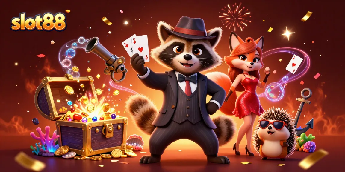 Slot88 memukau dengan rakun dan rubah di kasino, meriah dengan emas dan keajaiban.