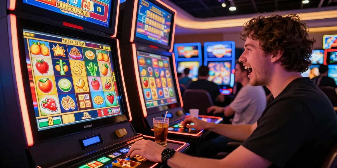 Pengalaman bermain slot online yang menyenangkan dengan mesin slot berwarna-warni dan pemain bersemangat, menggambarkan keseruan jackpot